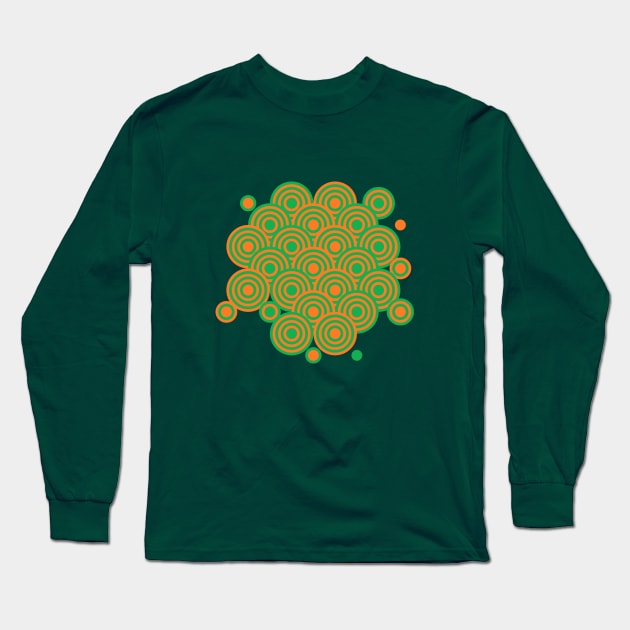 op art pattern retro circles in green and orange Long Sleeve T-Shirt by VrijFormaat